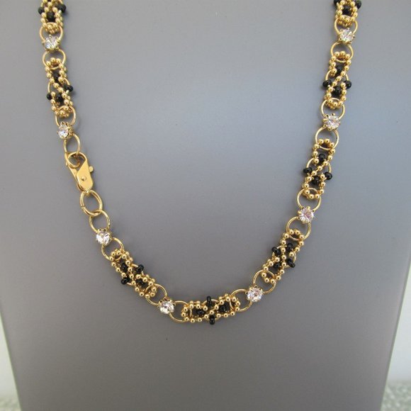 Vintage Set of Necklace & Bracelet Infinity, Black Beads, Gold Tone w/ Crystals - Picture 2 of 7